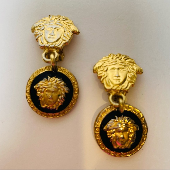 Versace Medusa Drop Gold and Black Enameled Clip-On Earrings - Picture 5 of 5